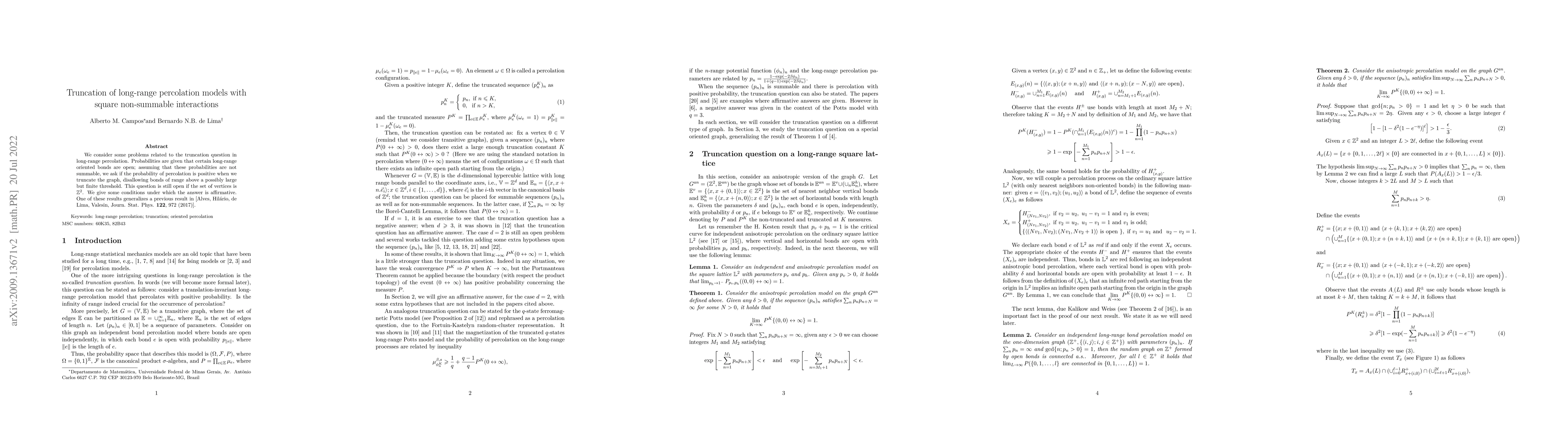 Thumbnail for Truncation of long-range percolation model with square non-summable
  interactions