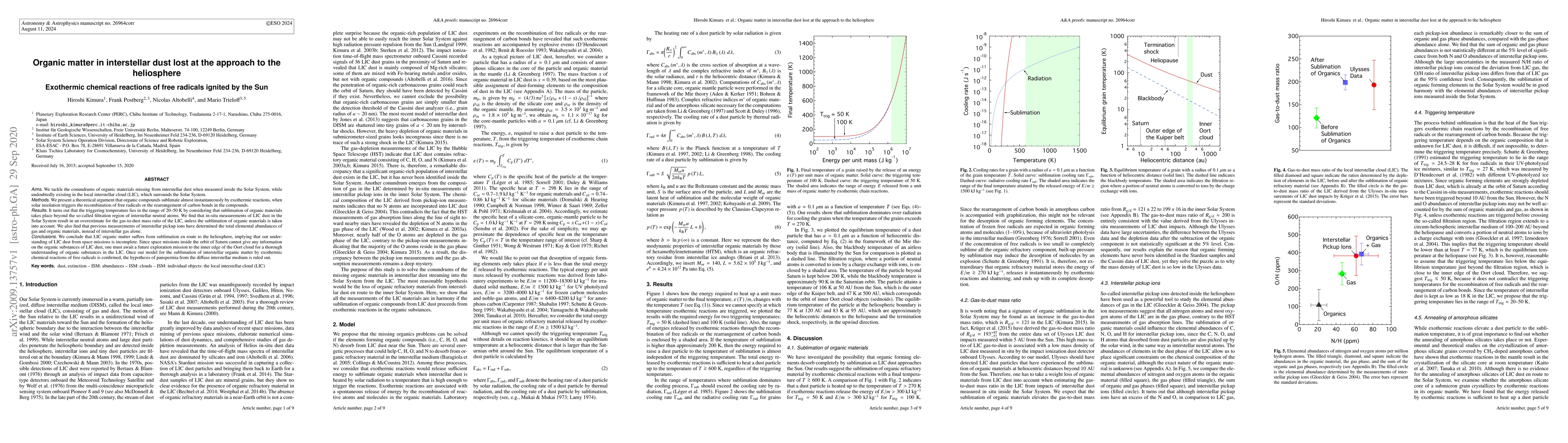 Thumbnail for Organic matter in interstellar dust lost at the approach to the
  heliosphere: Exothermic chemical reactions of free radicals ignited by the
  Sun