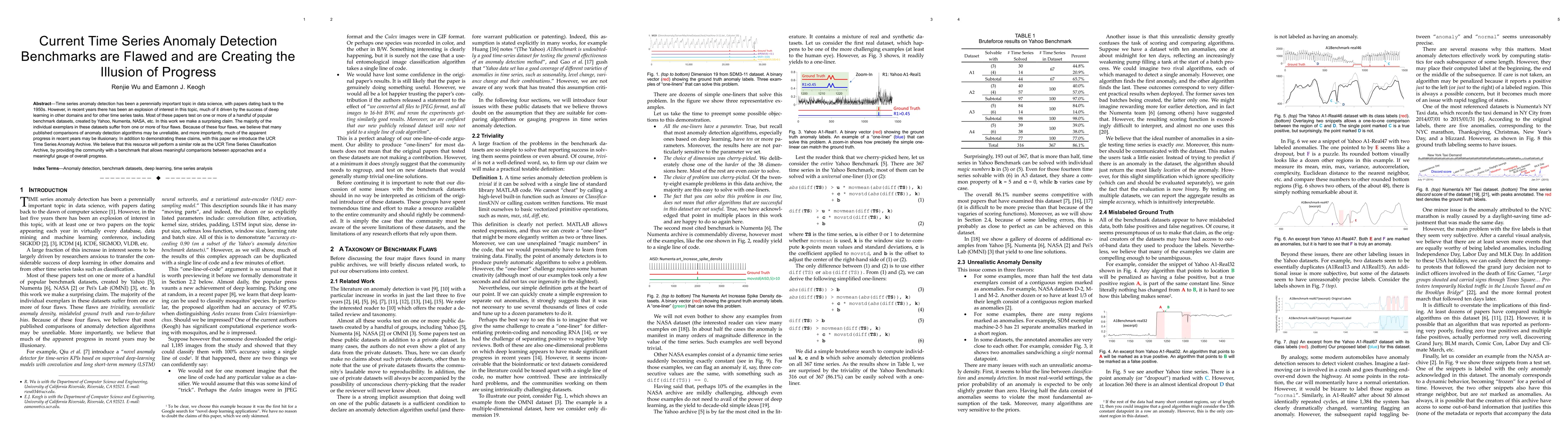 Thumbnail for Current Time Series Anomaly Detection Benchmarks are Flawed and are
  Creating the Illusion of Progress