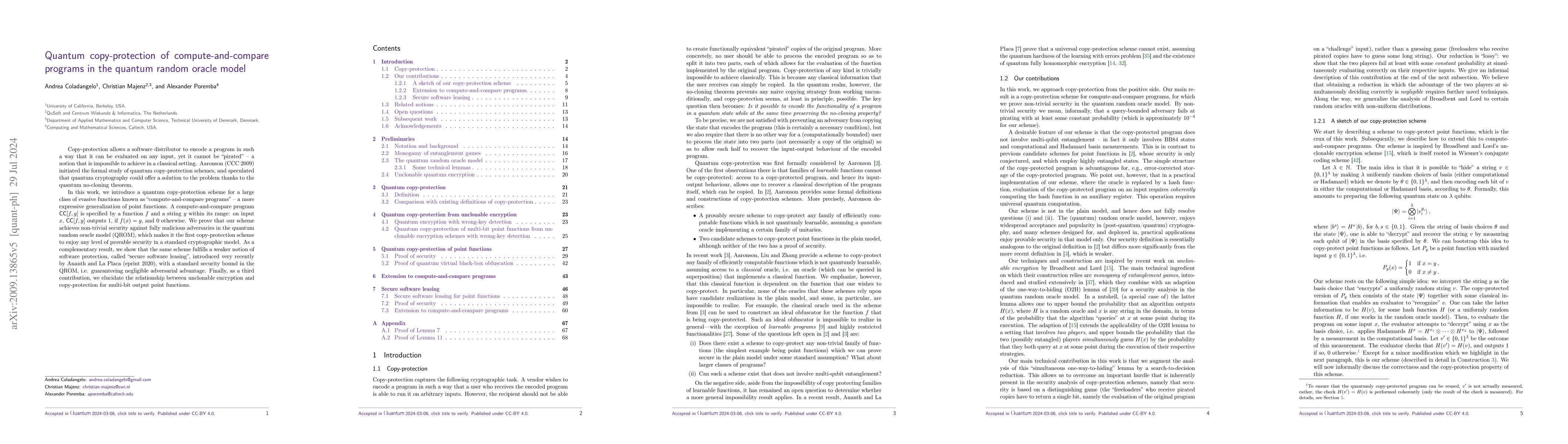 Thumbnail for Quantum copy-protection of compute-and-compare programs in the quantum
  random oracle model