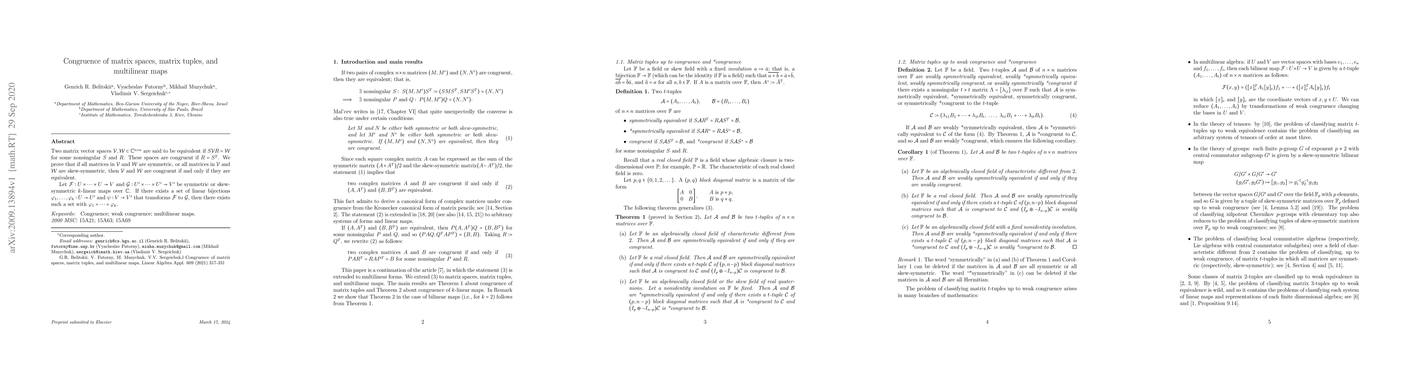 Thumbnail for Congruence of matrix spaces, matrix tuples, and multilinear maps