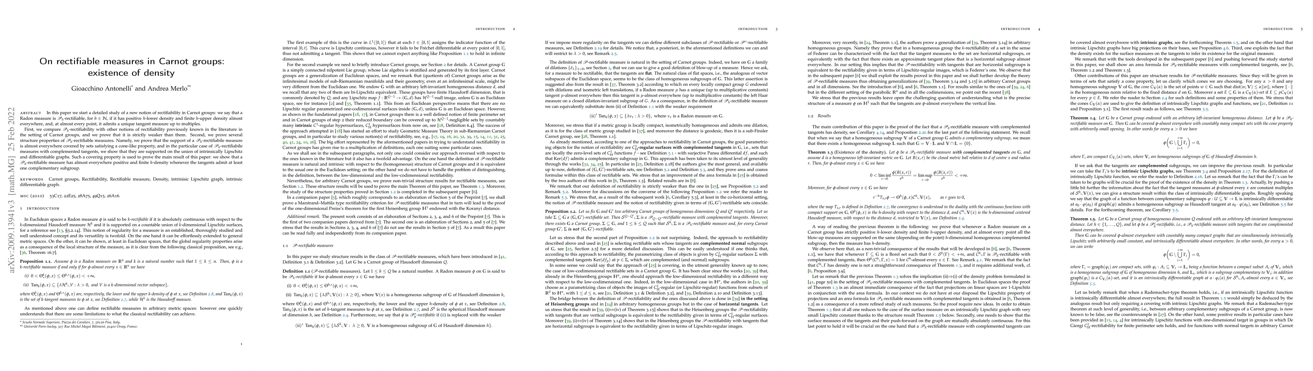 Thumbnail for On rectifiable measures in Carnot groups: existence of density