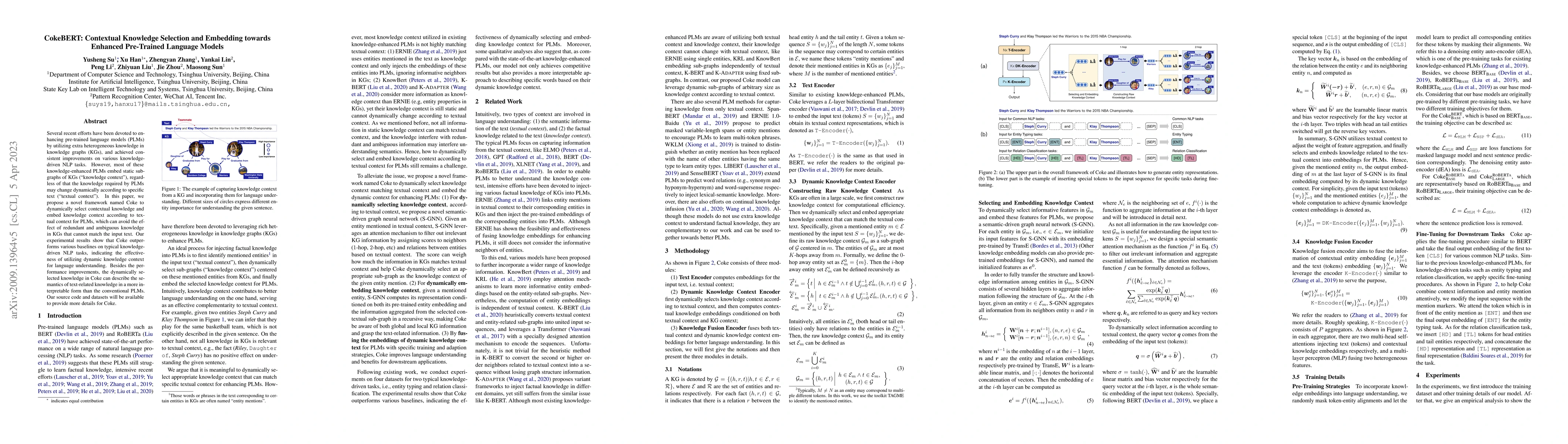 Thumbnail for CokeBERT: Contextual Knowledge Selection and Embedding towards Enhanced
  Pre-Trained Language Models