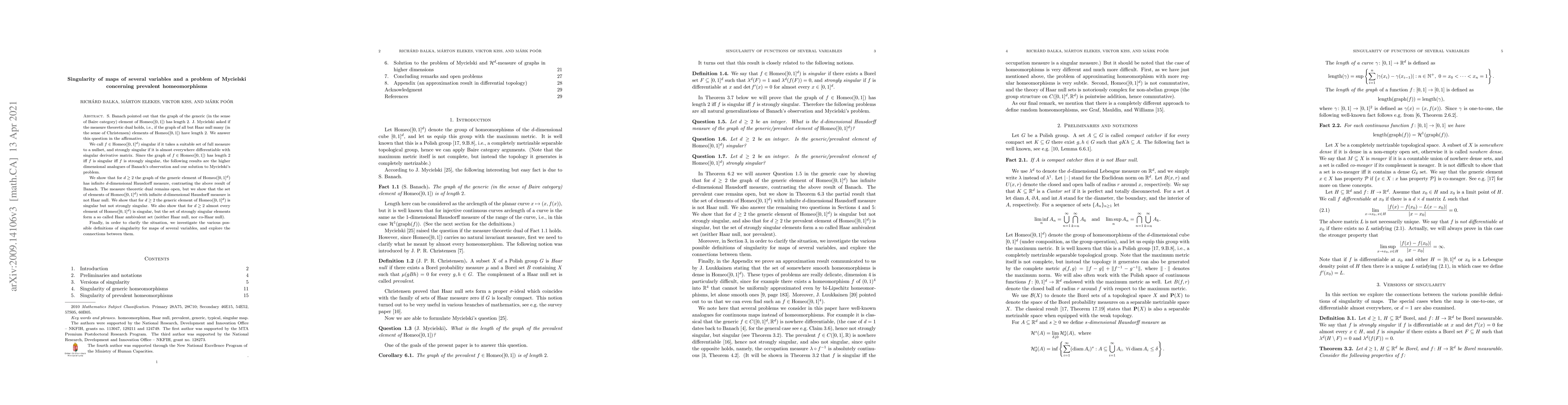 Thumbnail for Singularity of maps of several variables and a problem of Mycielski
  concerning prevalent homeomorphisms
