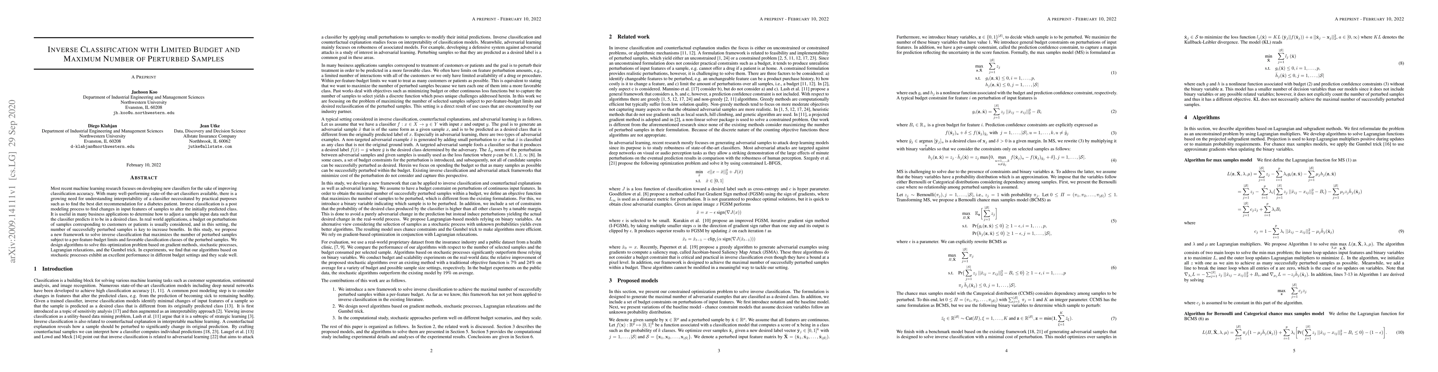 Thumbnail for Inverse Classification with Limited Budget and Maximum Number of
  Perturbed Samples