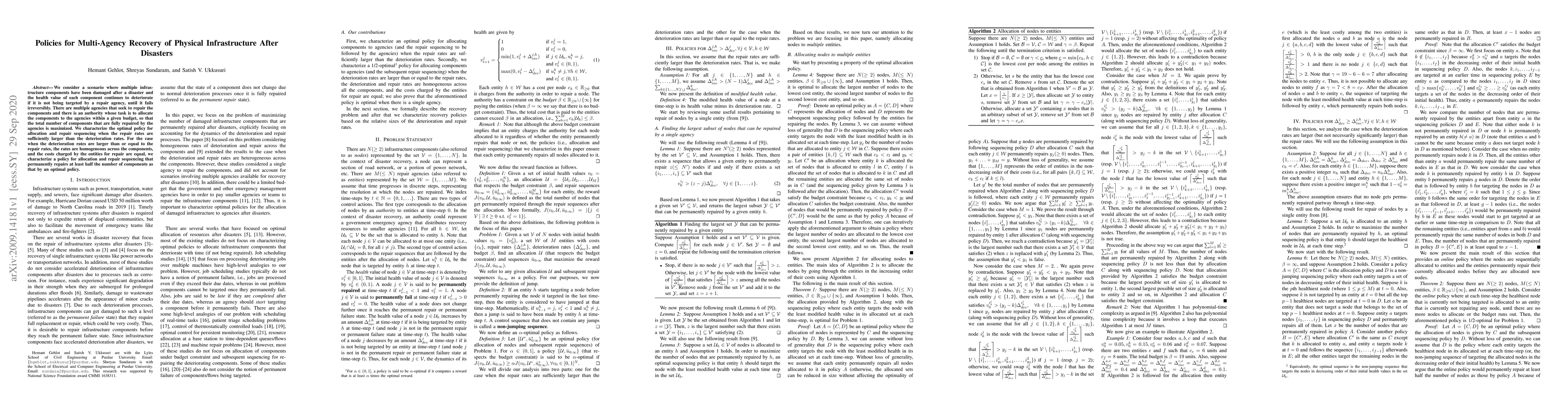 Thumbnail for Policies for Multi-Agency Recovery of Physical Infrastructure After
  Disasters