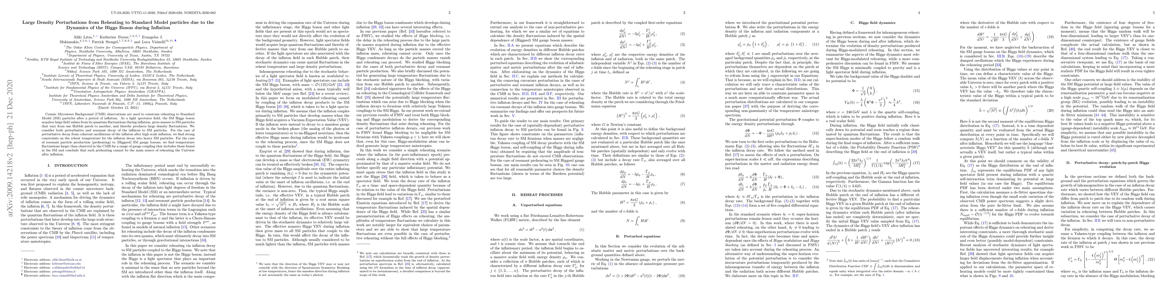 Thumbnail for Large Density Perturbations from Reheating to Standard Model particles
  due to the Dynamics of the Higgs Boson during Inflation