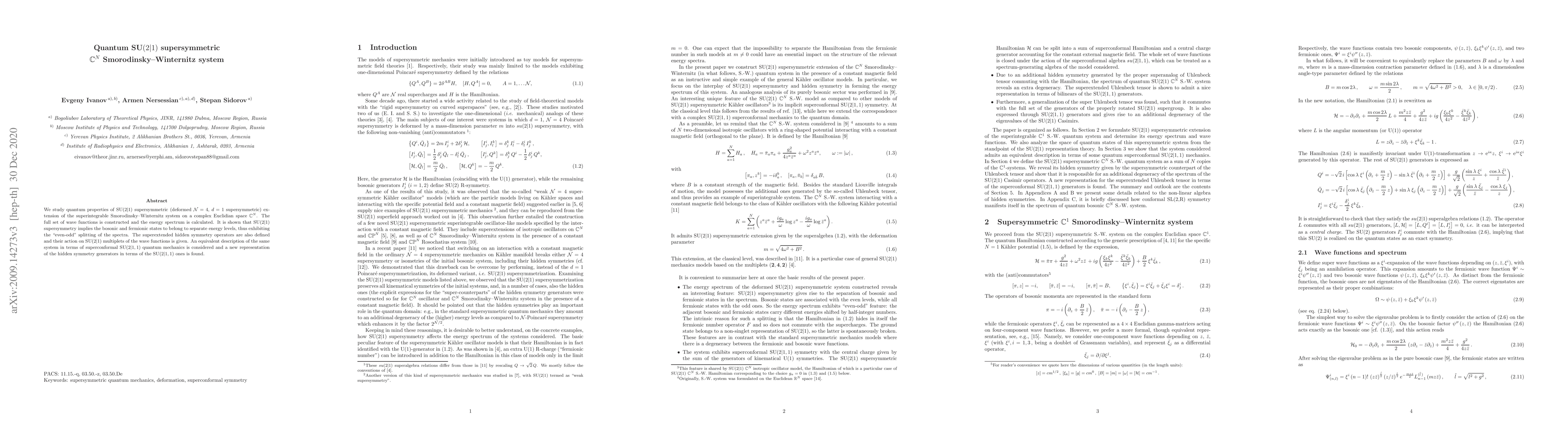 Thumbnail for Quantum SU$(2|1)$ supersymmetric $\mathbb{C}^N$ Smorodinsky--Winternitz
  system