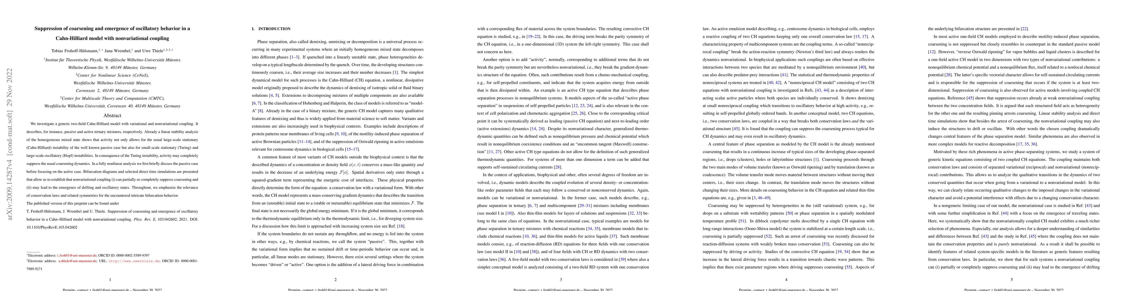 Thumbnail for Suppression of coarsening and emergence of oscillatory behavior in a
  Cahn-Hilliard model with nonvariational coupling