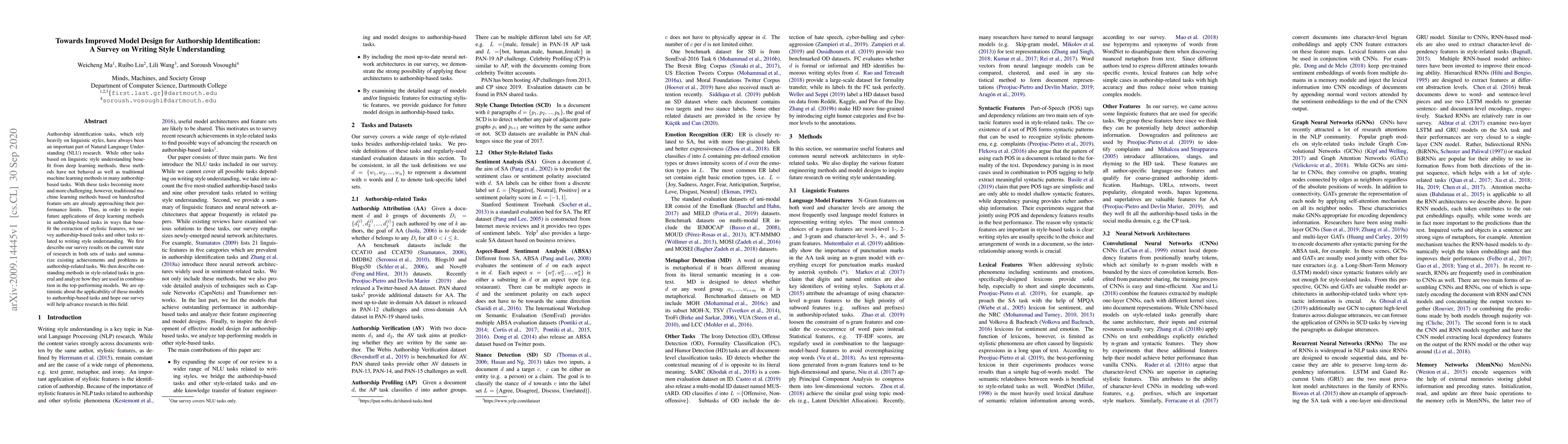 Thumbnail for Towards Improved Model Design for Authorship Identification: A Survey on
  Writing Style Understanding