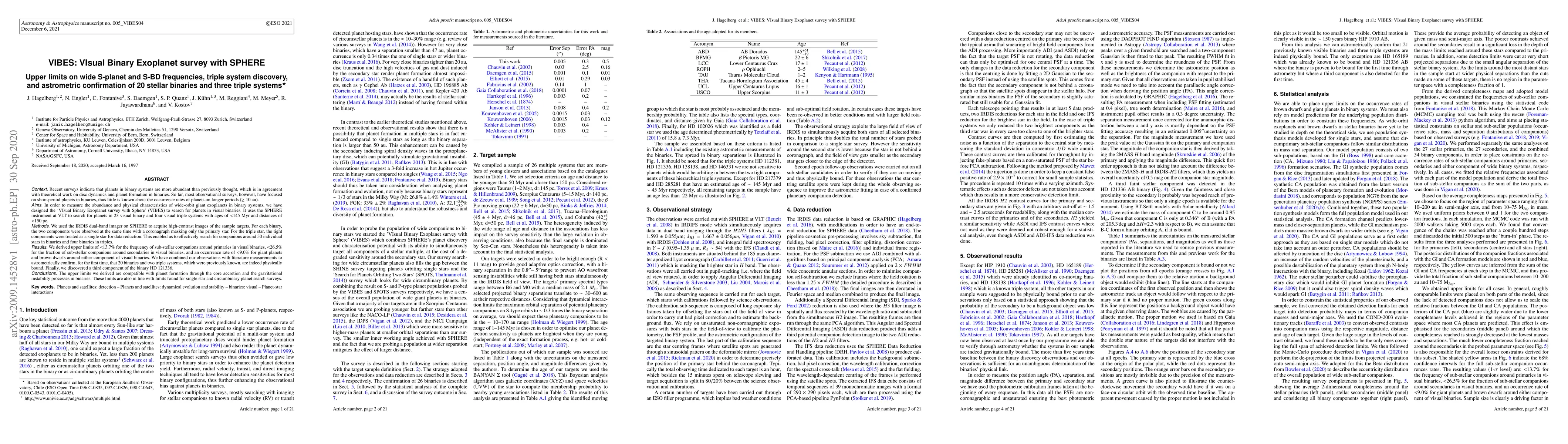 Thumbnail for VIBES: VIsual Binary Exoplanet survey with SPHERE Upper limits on wide
  S-planet and S-BD frequencies, triple system discovery, and astrometric
  confirmation of 20 stellar binaries and three triple systems