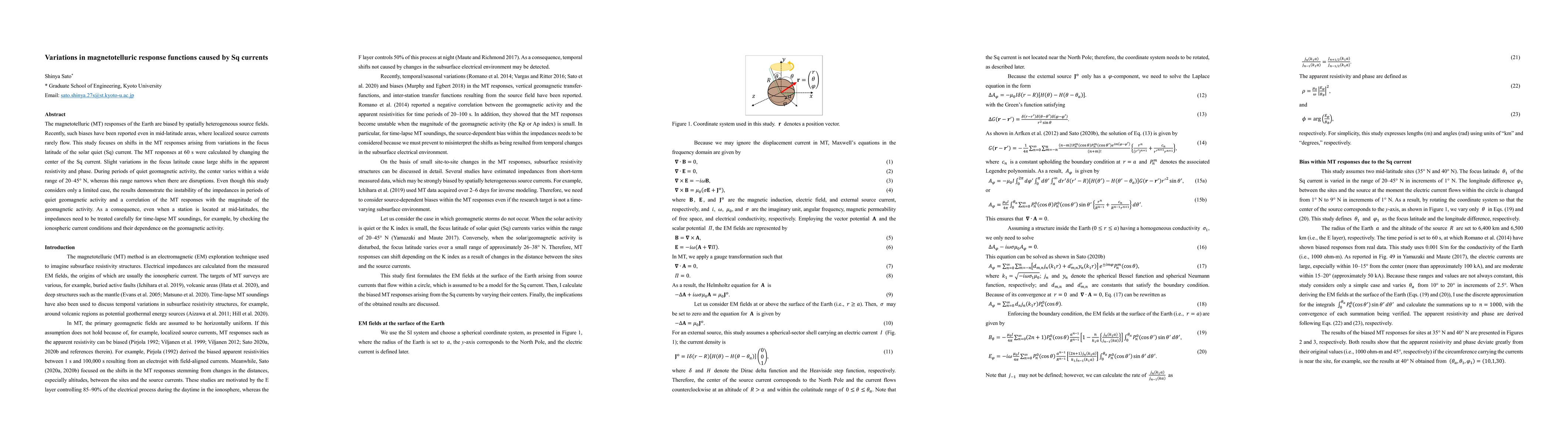 Thumbnail for Variations in magnetotelluric response functions caused by Sq currents