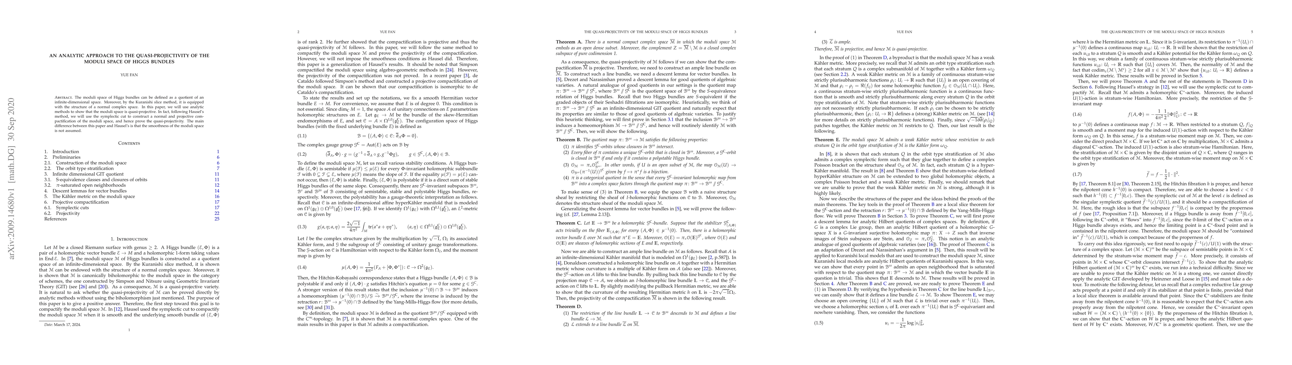 Thumbnail for An Analytic Approach to the Quasi-projectivity of the Moduli Space of
  Higgs Bundles