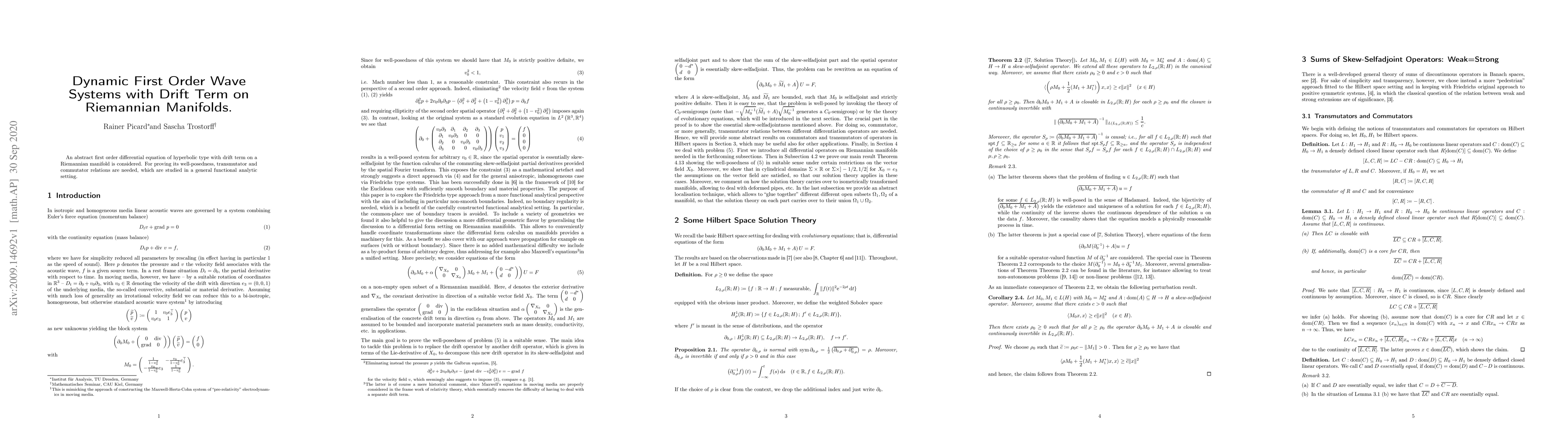 Thumbnail for Dynamic First Order Wave Systems with Drift Term on Riemannian Manifolds