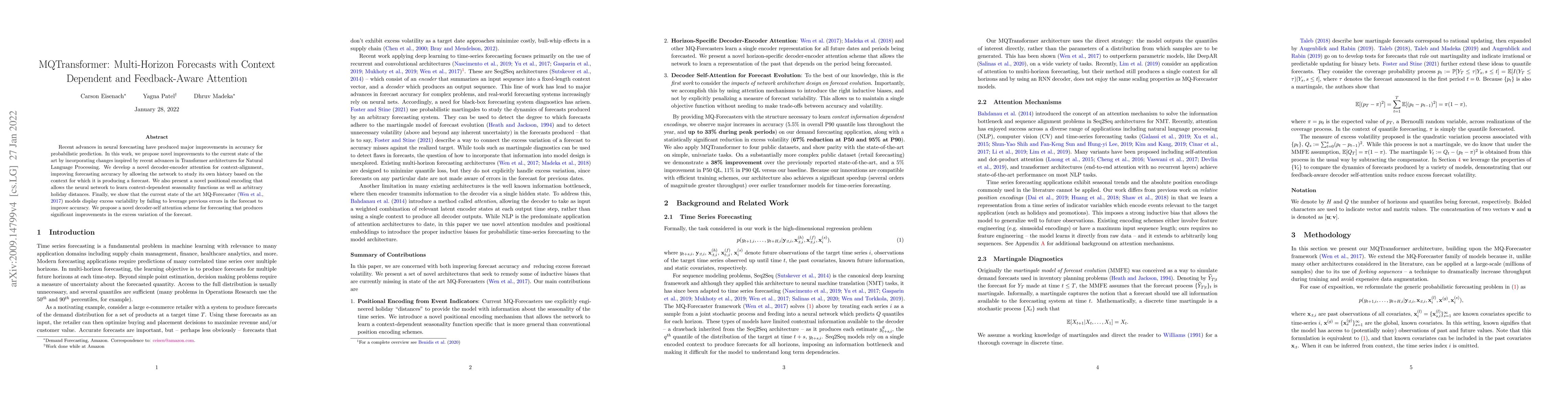 Thumbnail for MQTransformer: Multi-Horizon Forecasts with Context Dependent and
  Feedback-Aware Attention