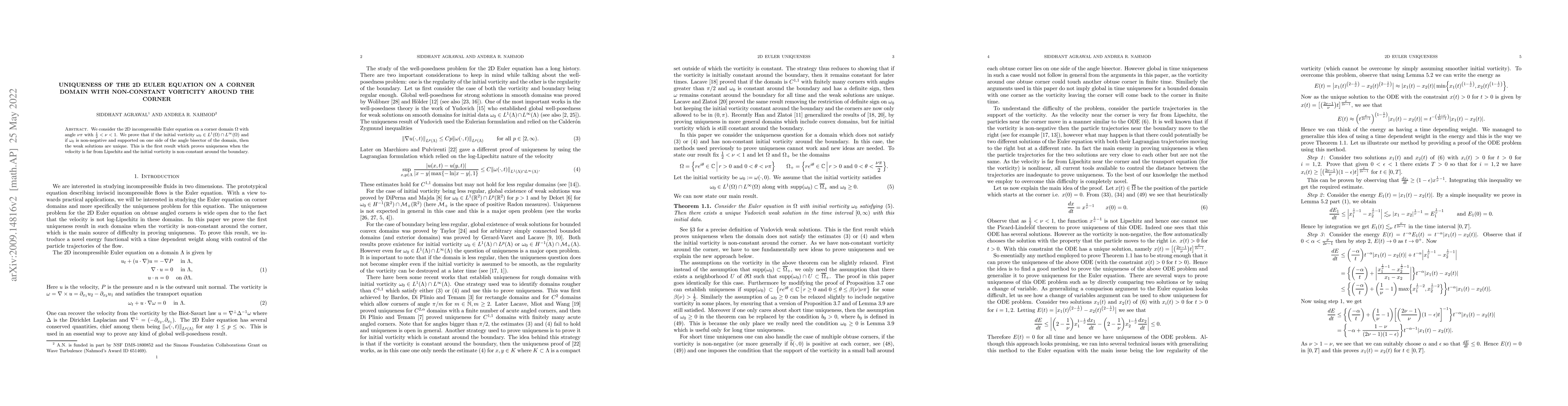 Thumbnail for Uniqueness of the 2D Euler equation on a corner domain with non-constant
  vorticity around the corner