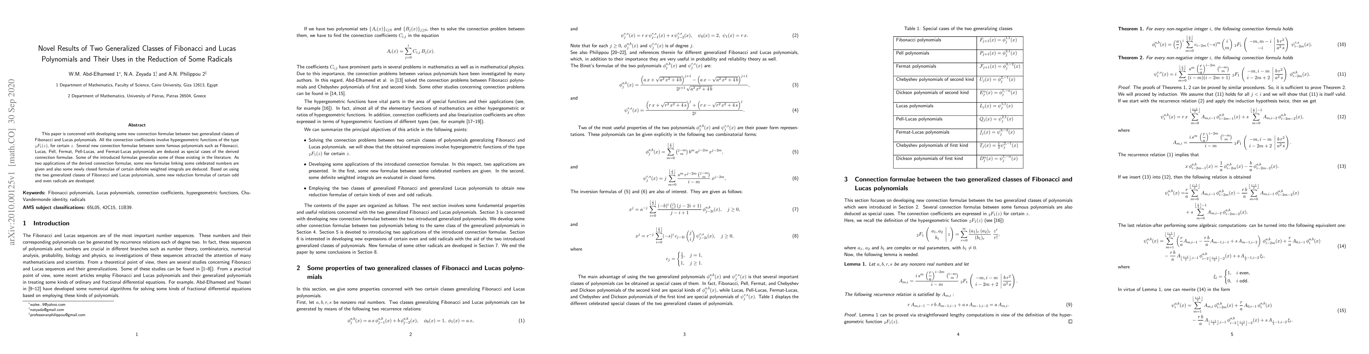 Thumbnail for Novel Results of Two Generalized Classes of Fibonacci and Lucas
  Polynomials and Their Uses in the Reduction of Some Radicals
