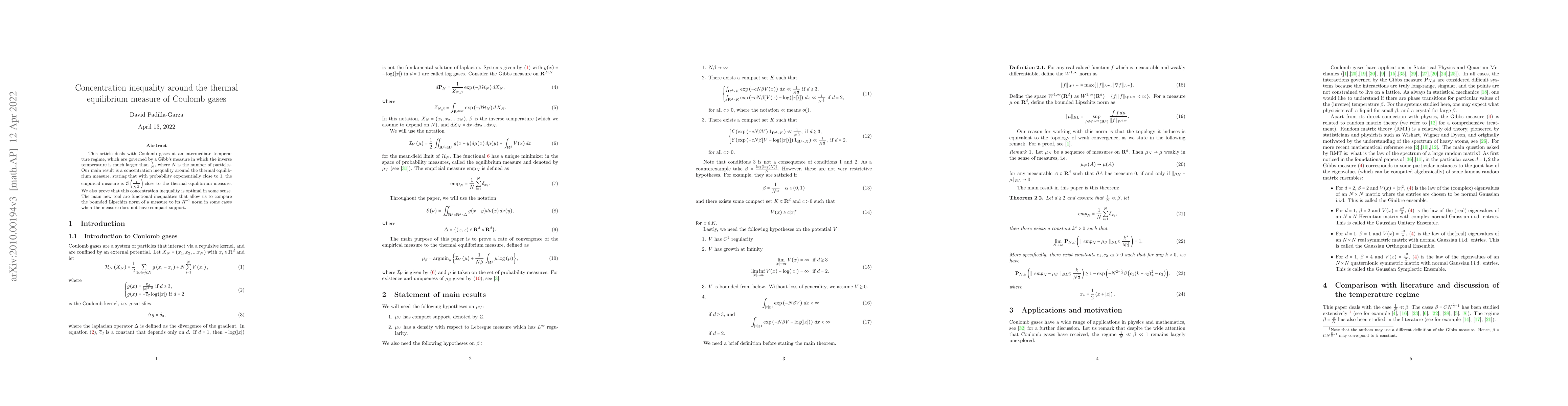 Thumbnail for Concentration inequality around the thermal equilibrium measure of
  Coulomb gases