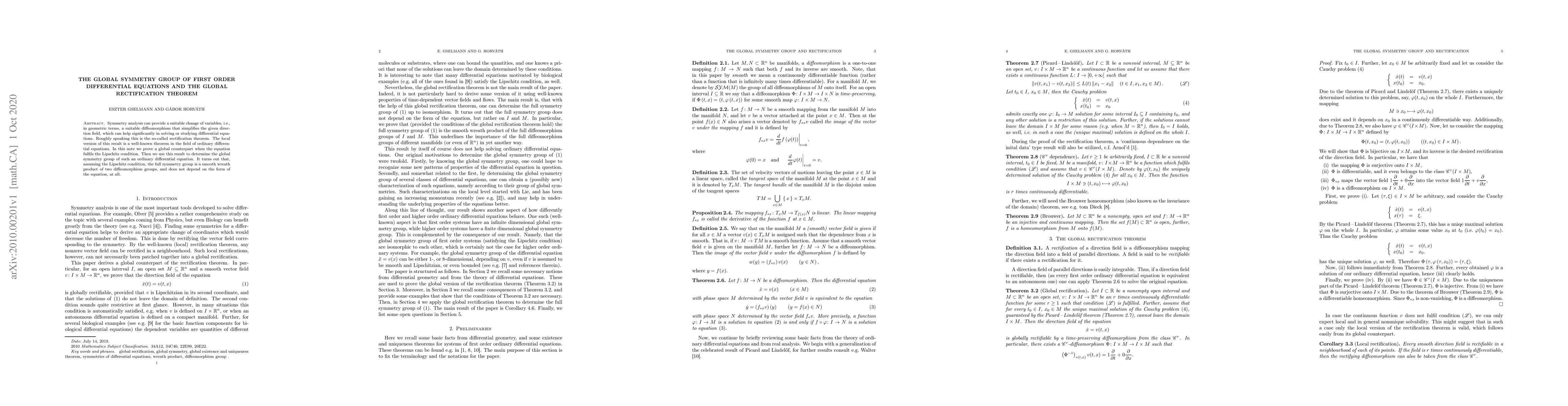 Thumbnail for The global symmetry group of first order differential equations and the
  global rectification theorem