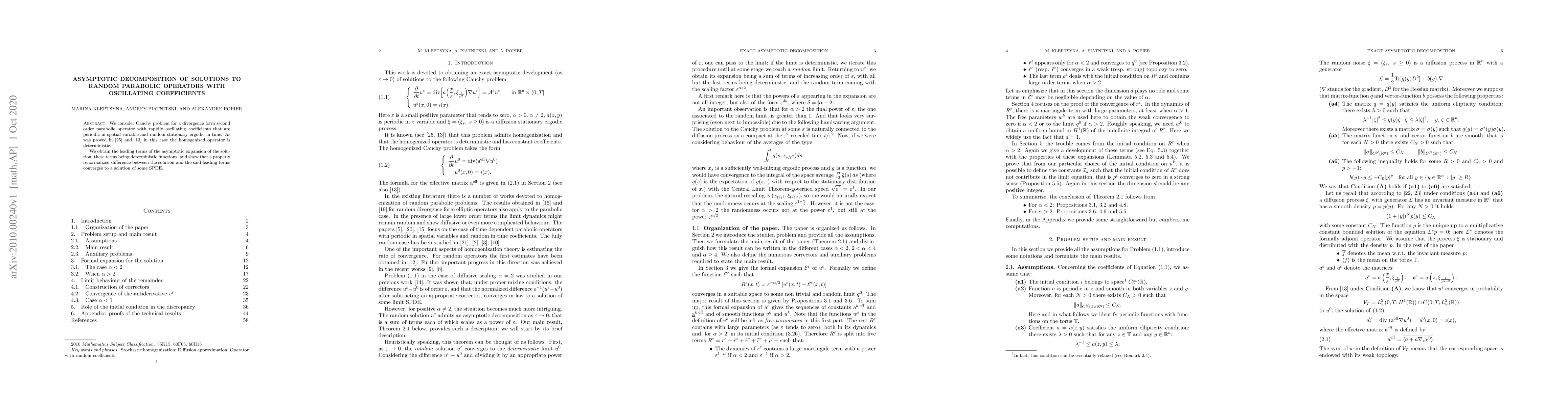 Thumbnail for Asymptotic decomposition of solutions to random parabolic operators with
  oscillating coefficients