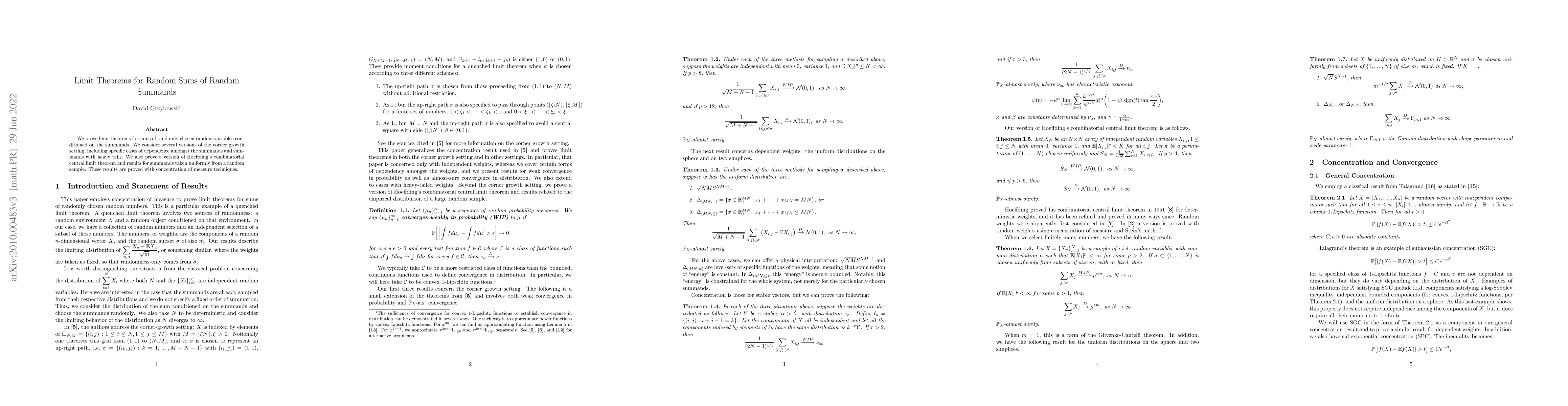 Thumbnail for Limit Theorems for Random Sums of Random Summands