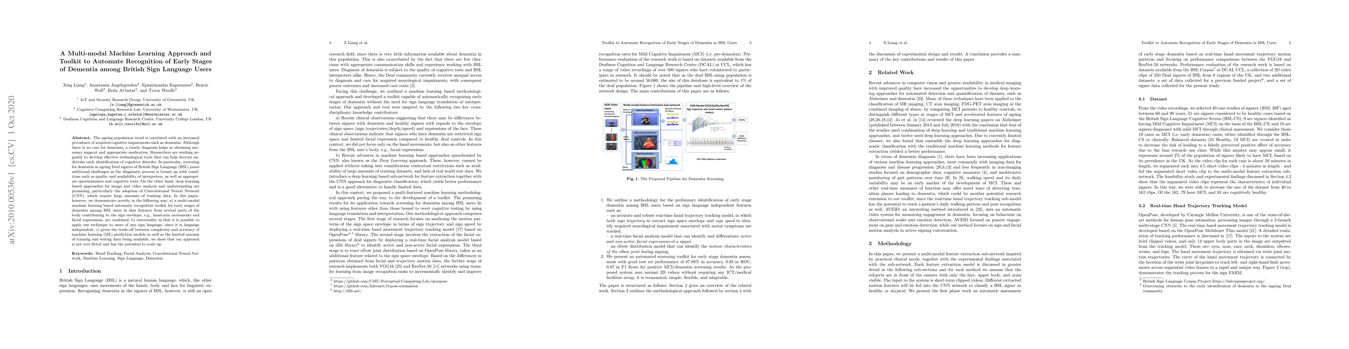 Thumbnail for A Multi-modal Machine Learning Approach and Toolkit to Automate
  Recognition of Early Stages of Dementia among British Sign Language Users