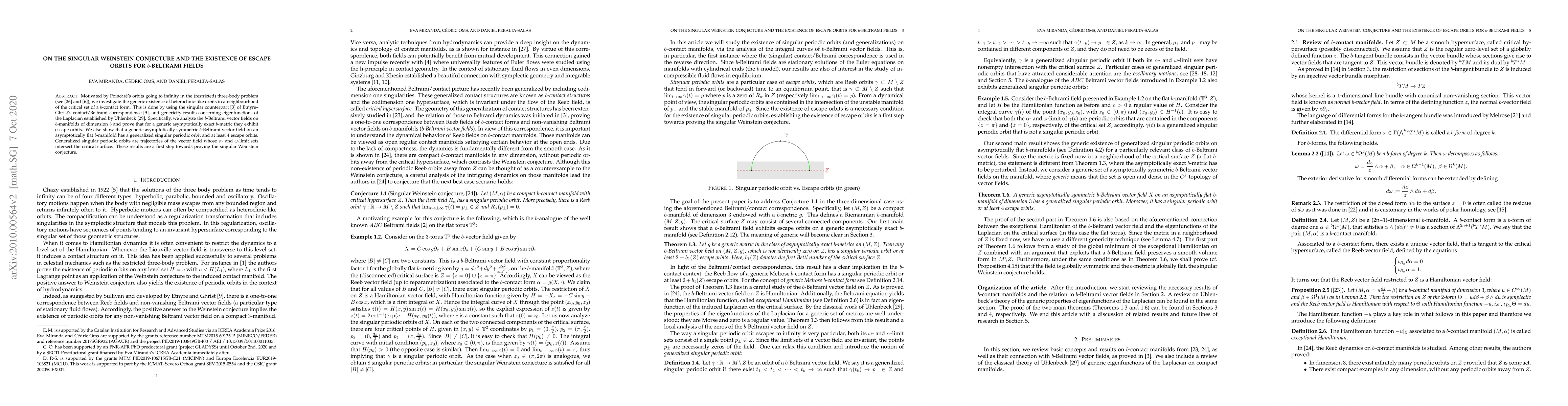Thumbnail for On the singular Weinstein conjecture and the existence of escape orbits
  for $b$-Beltrami fields