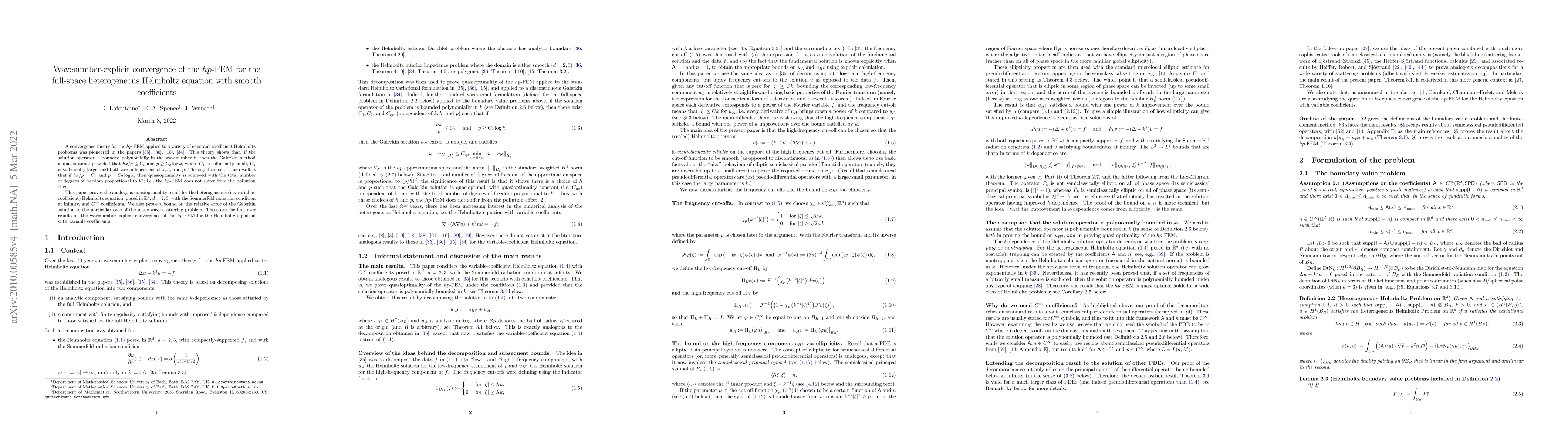 Thumbnail for Wavenumber-explicit convergence of the $hp$-FEM for the full-space
  heterogeneous Helmholtz equation with smooth coefficients
