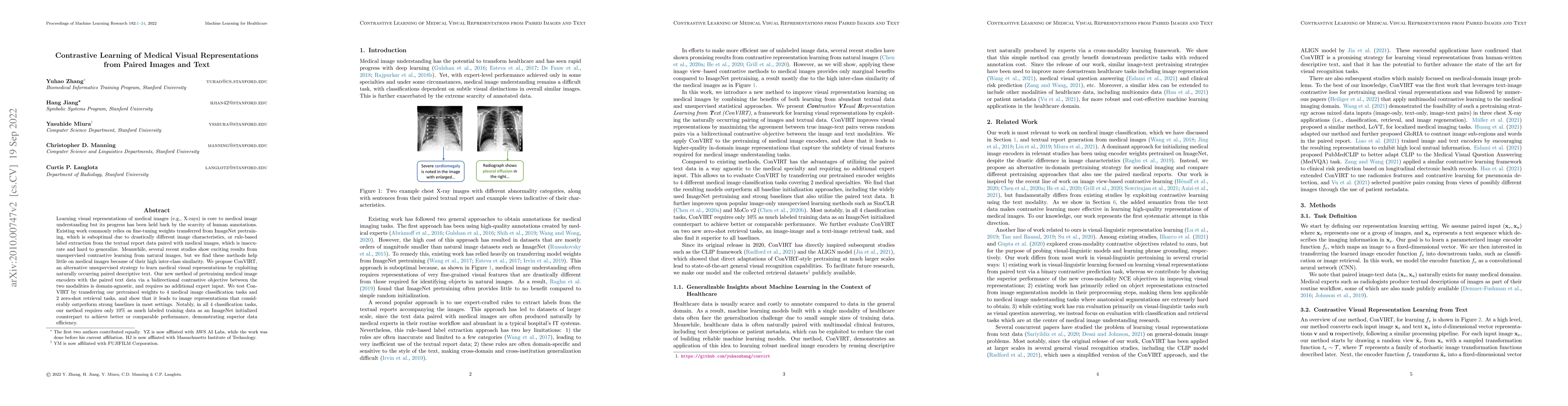 Thumbnail for Contrastive Learning of Medical Visual Representations from Paired
  Images and Text