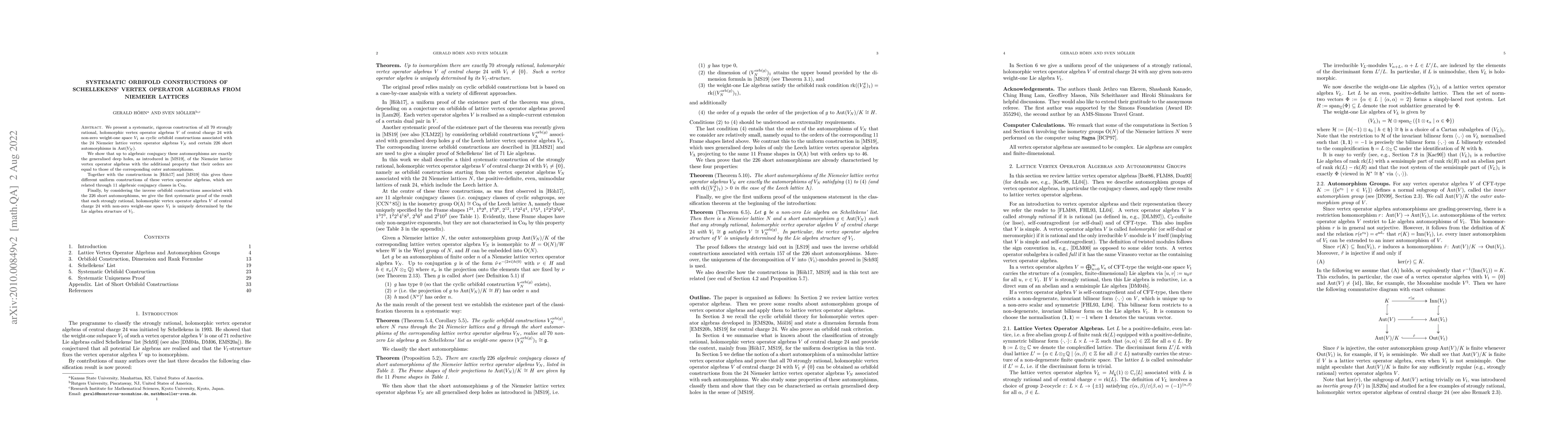 Thumbnail for Systematic Orbifold Constructions of Schellekens' Vertex Operator
  Algebras from Niemeier Lattices