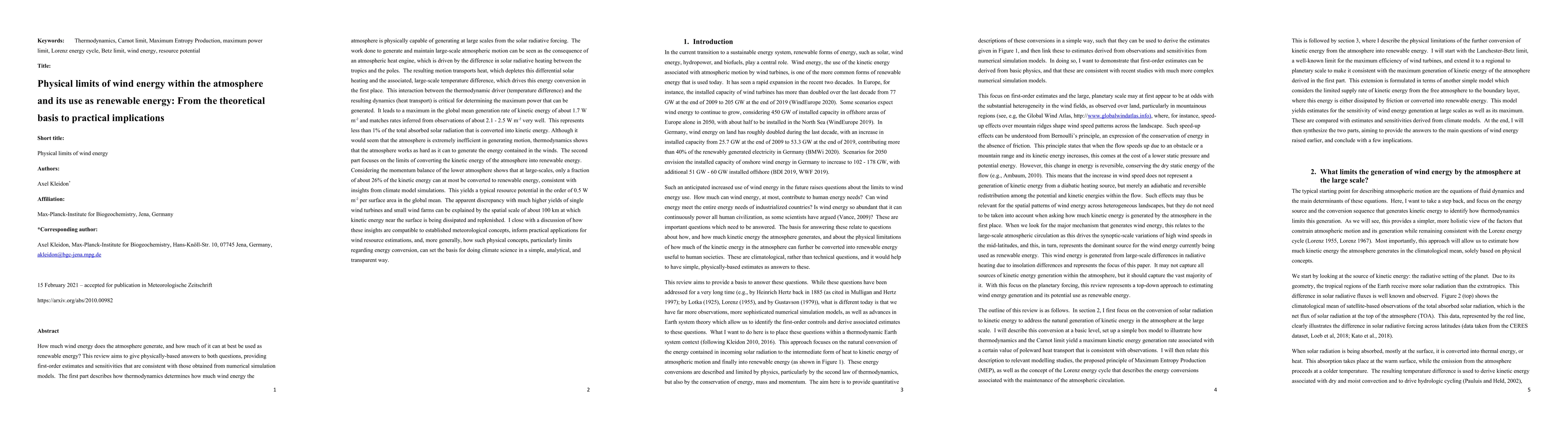 Thumbnail for Physical limits of wind energy within the atmosphere and its use as
  renewable energy: From the theoretical basis to practical implications