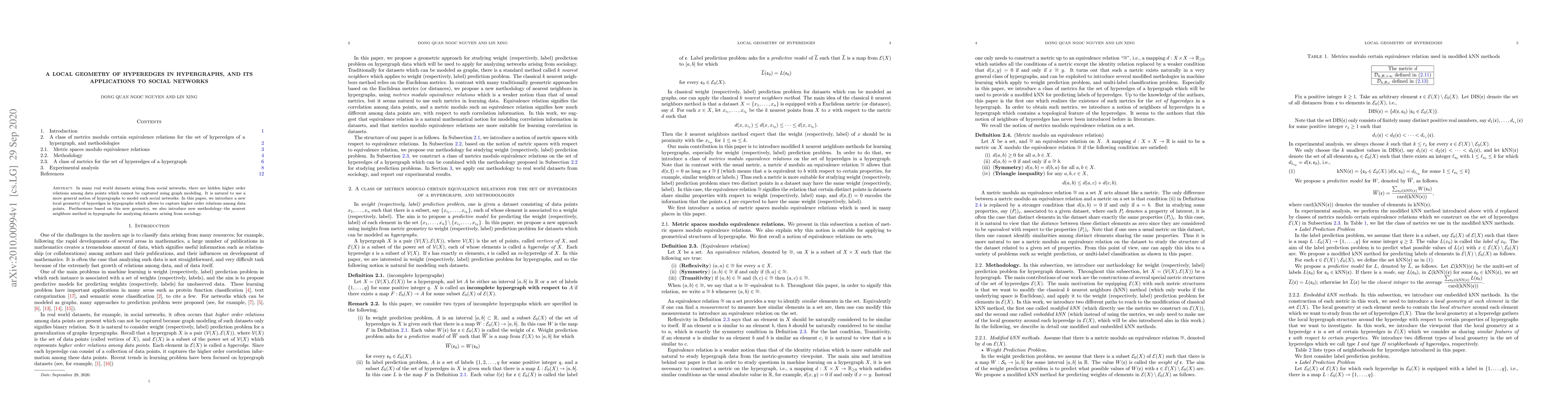 Thumbnail for A local geometry of hyperedges in hypergraphs, and its applications to
  social networks