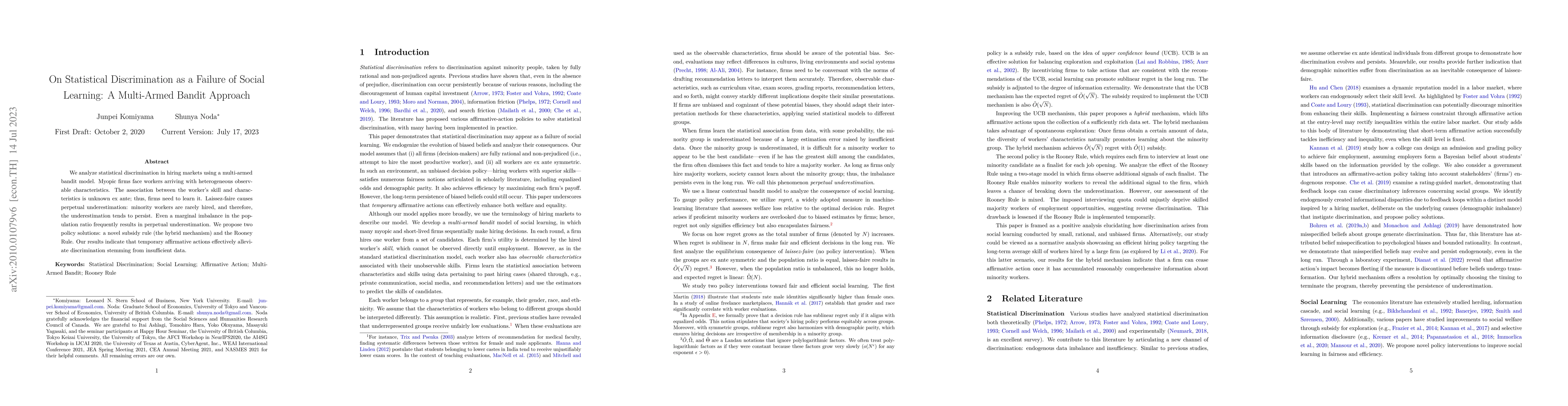 Thumbnail for On Statistical Discrimination as a Failure of Social Learning: A
  Multi-Armed Bandit Approach