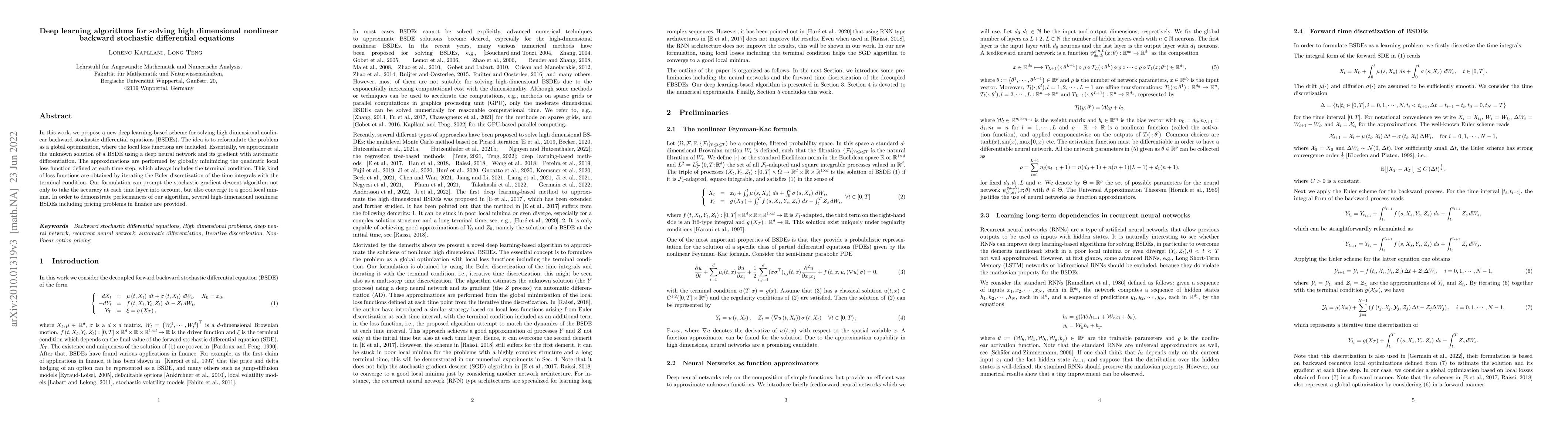 Thumbnail for Deep learning algorithms for solving high dimensional nonlinear backward
  stochastic differential equations