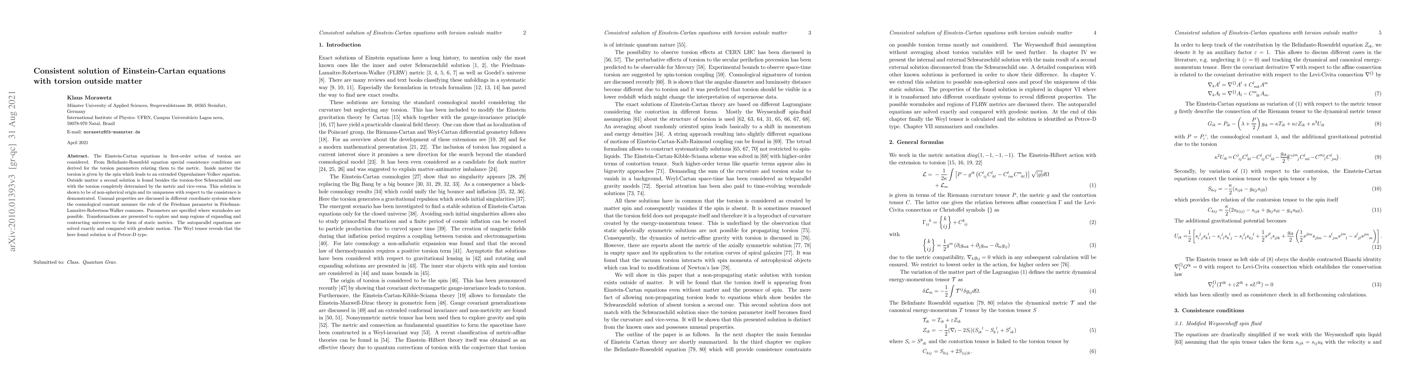 Thumbnail for Consistent solution of Einstein-Cartan equations with torsion outside
  matter