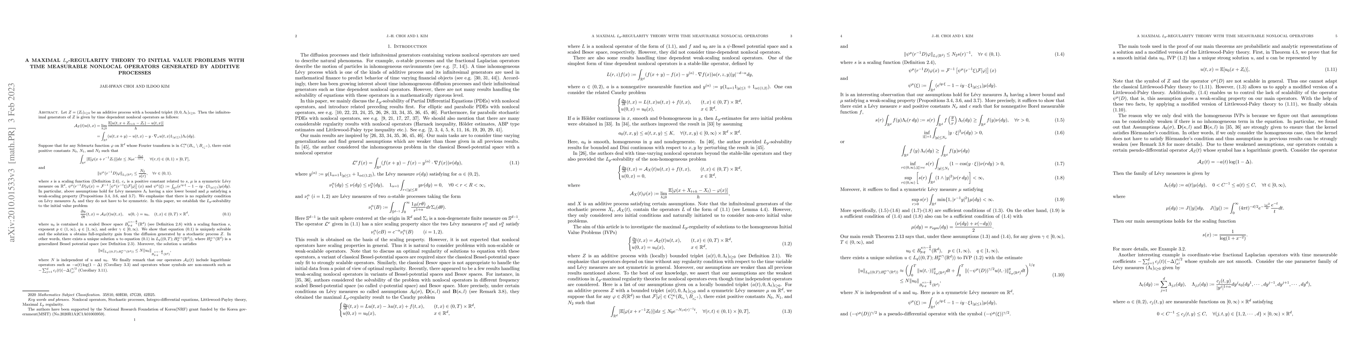 Thumbnail for A maximal $L_p$-regularity theory to initial value problems with time
  measurable nonlocal operators generated by additive processes