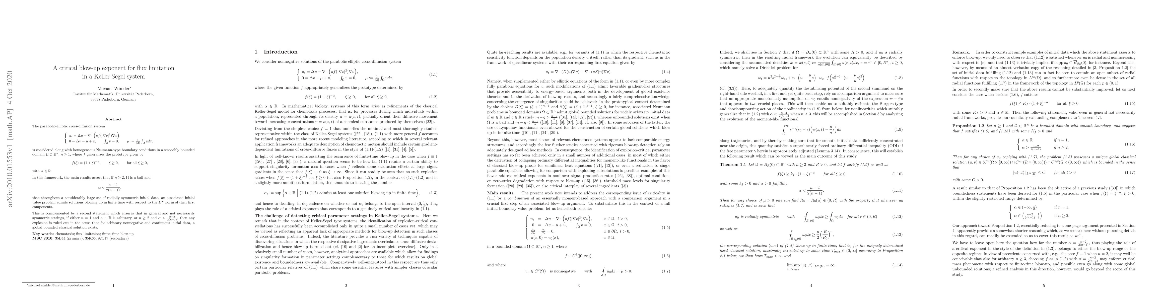 Thumbnail for A critical blow-up exponent for flux limitation in a Keller-Segel system