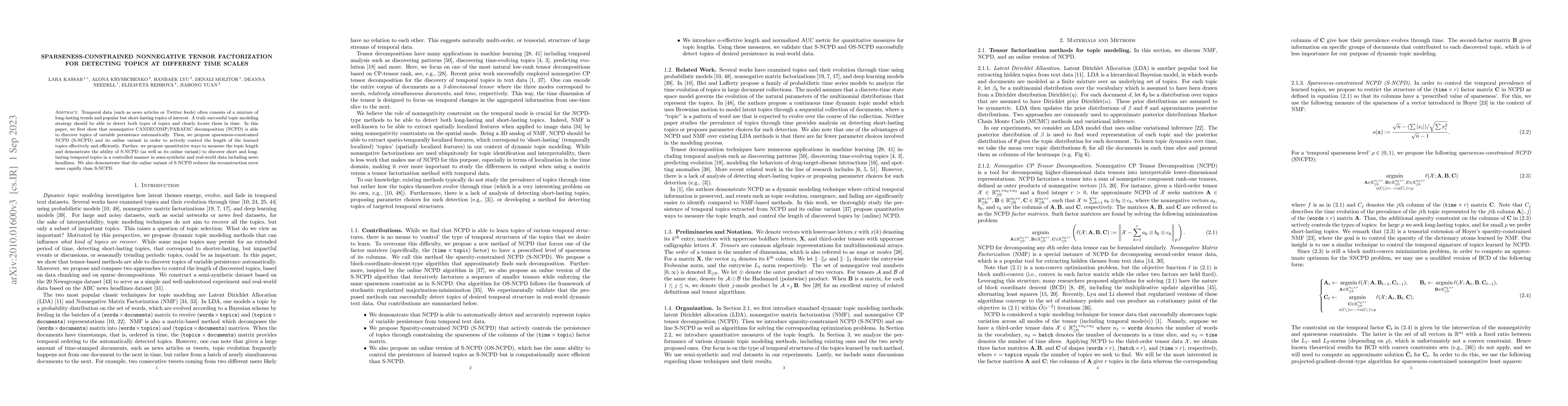 Thumbnail for Sparseness-constrained Nonnegative Tensor Factorization for Detecting
  Topics at Different Time Scales