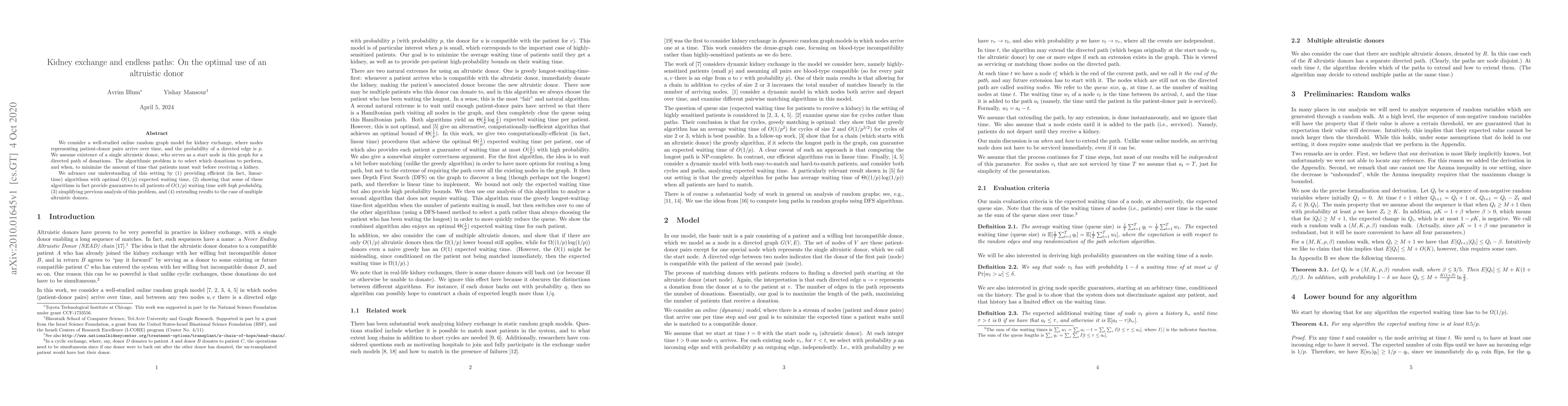 Thumbnail for Kidney exchange and endless paths: On the optimal use of an altruistic
  donor