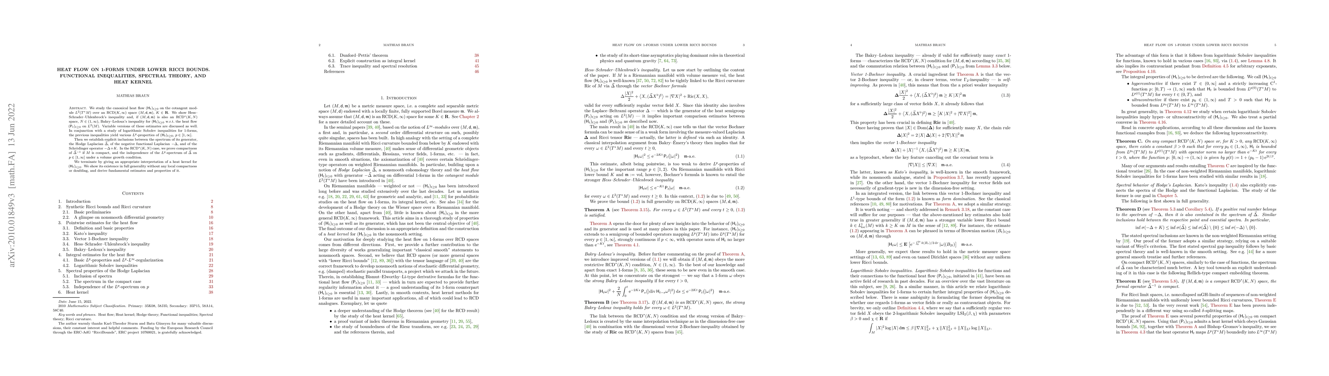 Thumbnail for Heat flow on 1-forms under lower Ricci bounds. Functional inequalities,
  spectral theory, and heat kernel