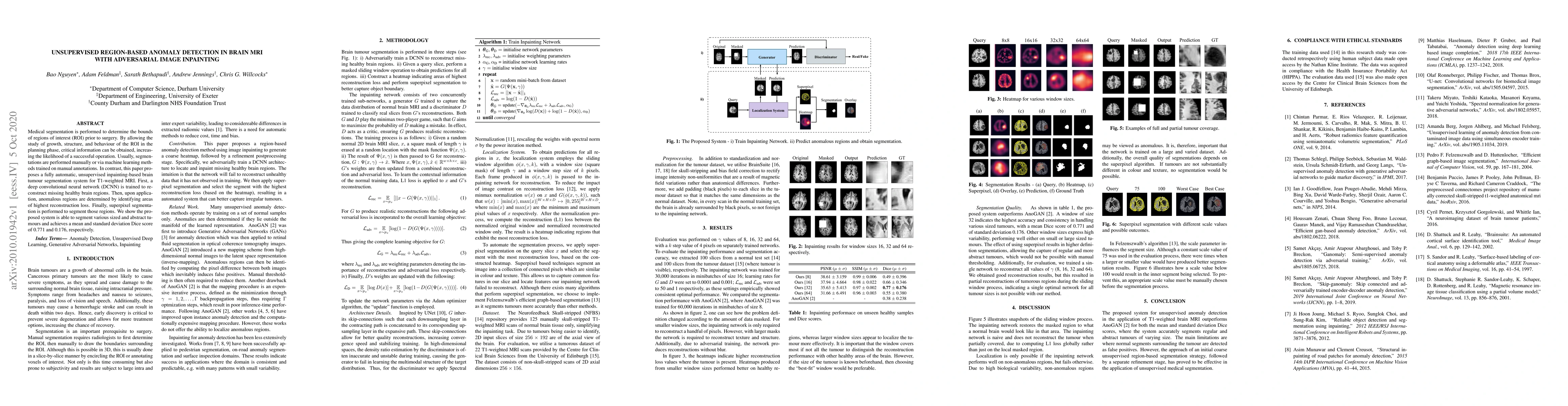 Thumbnail for Unsupervised Region-based Anomaly Detection in Brain MRI with
  Adversarial Image Inpainting