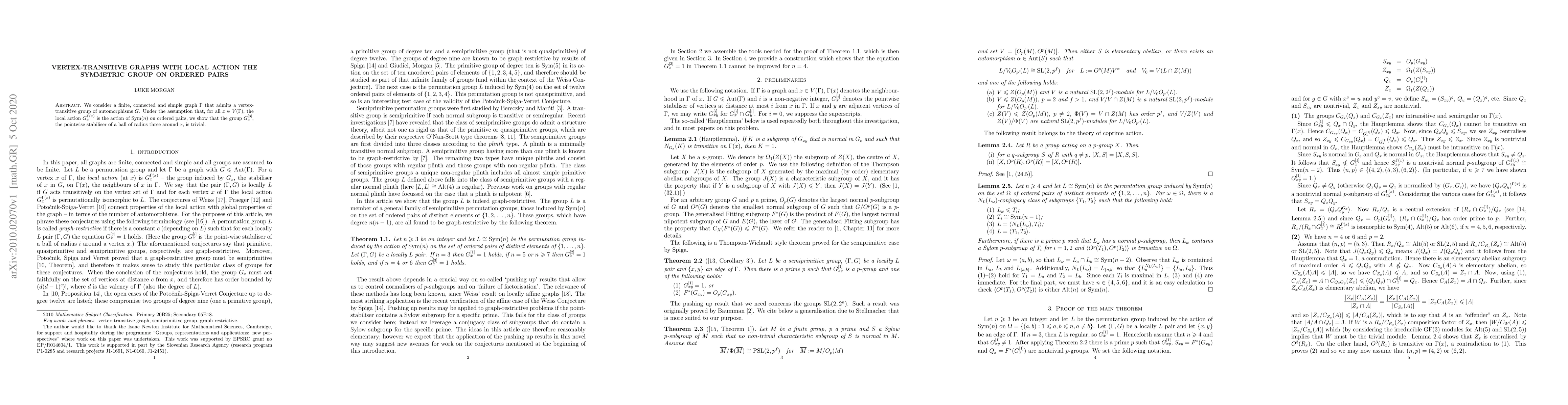 Thumbnail for Vertex-transitive graphs with local action the symmetric group on
  ordered pairs