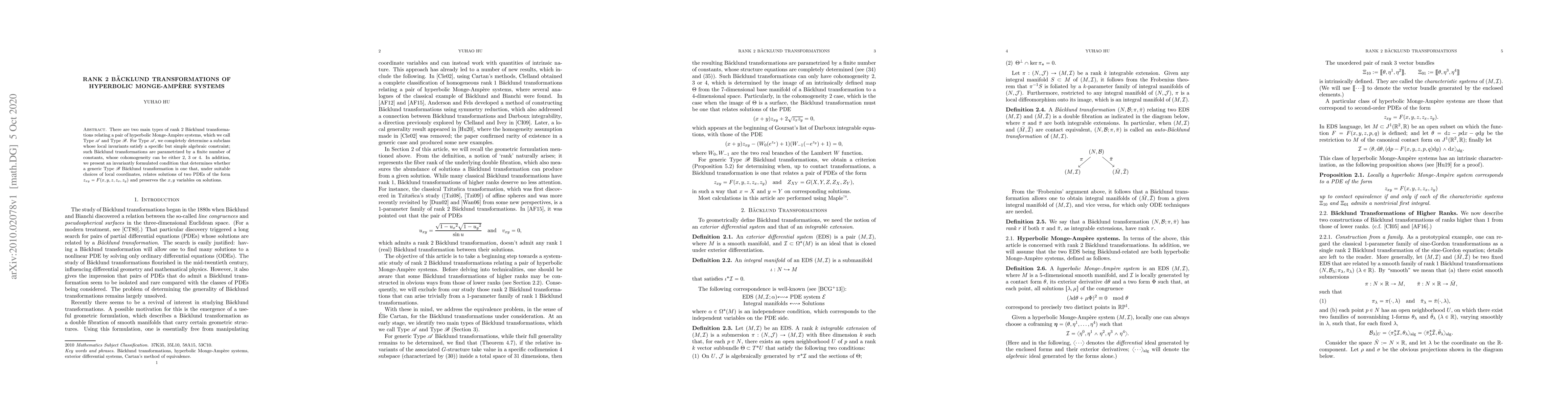 Thumbnail for Rank 2 B\"acklund Transformations of Hyperbolic Monge-Amp\`ere Systems