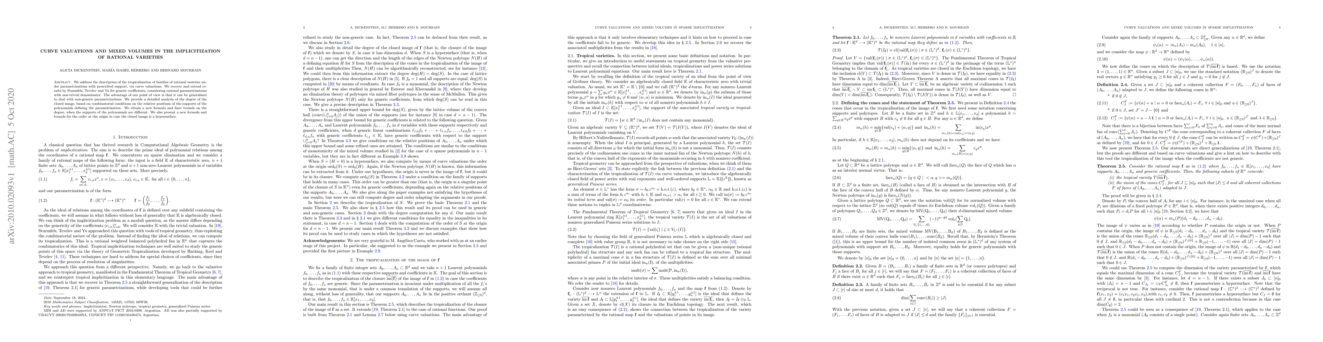 Thumbnail for Curve valuations and mixed volumes in the implicitization of rational
  varieties
