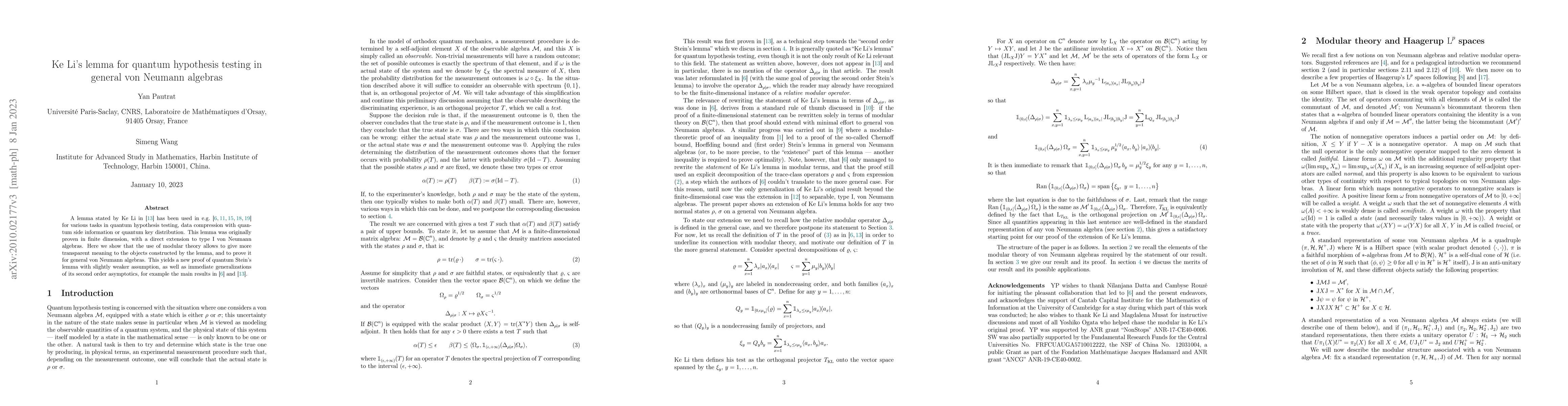 Thumbnail for Ke Li's lemma for quantum hypothesis testing in general von Neumann
  algebras