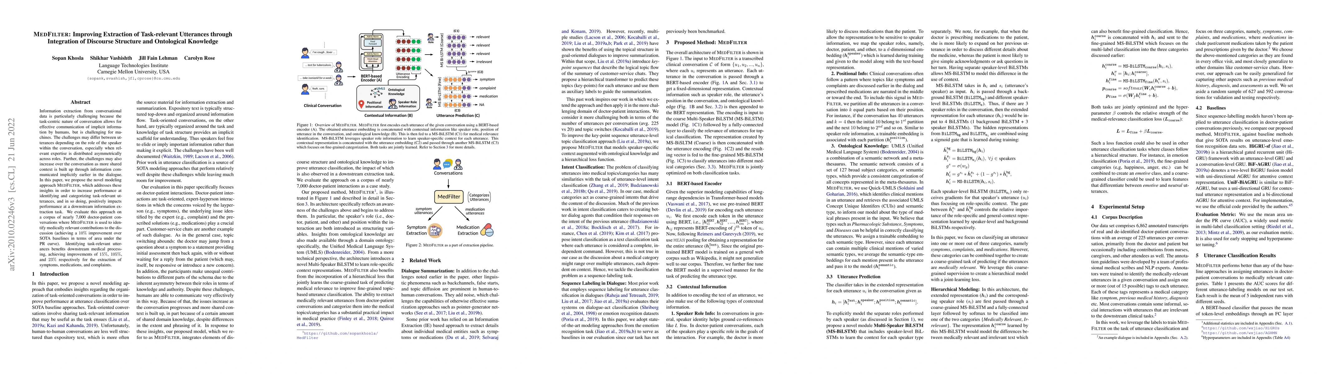 Thumbnail for MedFilter: Improving Extraction of Task-relevant Utterances from
  Doctor-Patient Conversations through Integration of Discourse Structure and
  Ontological Knowledge