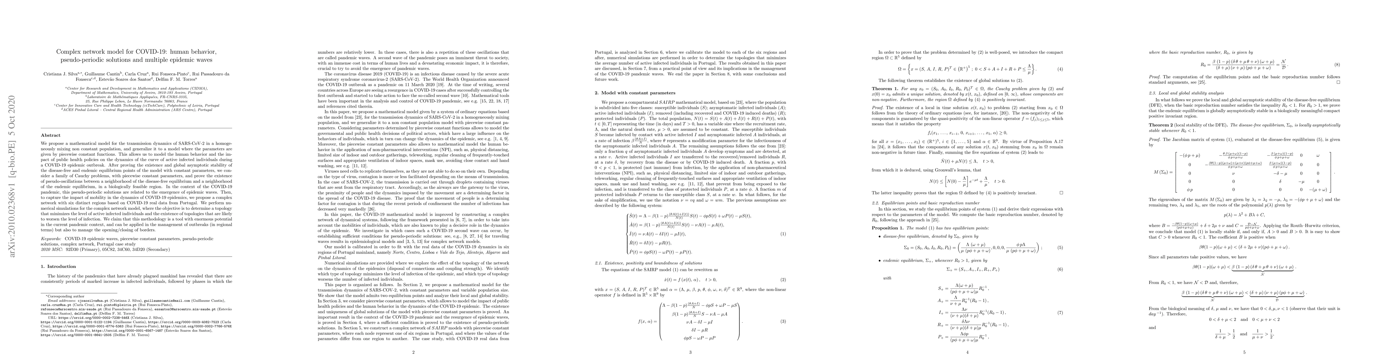 Thumbnail for Complex network model for COVID-19: human behavior, pseudo-periodic
  solutions and multiple epidemic waves