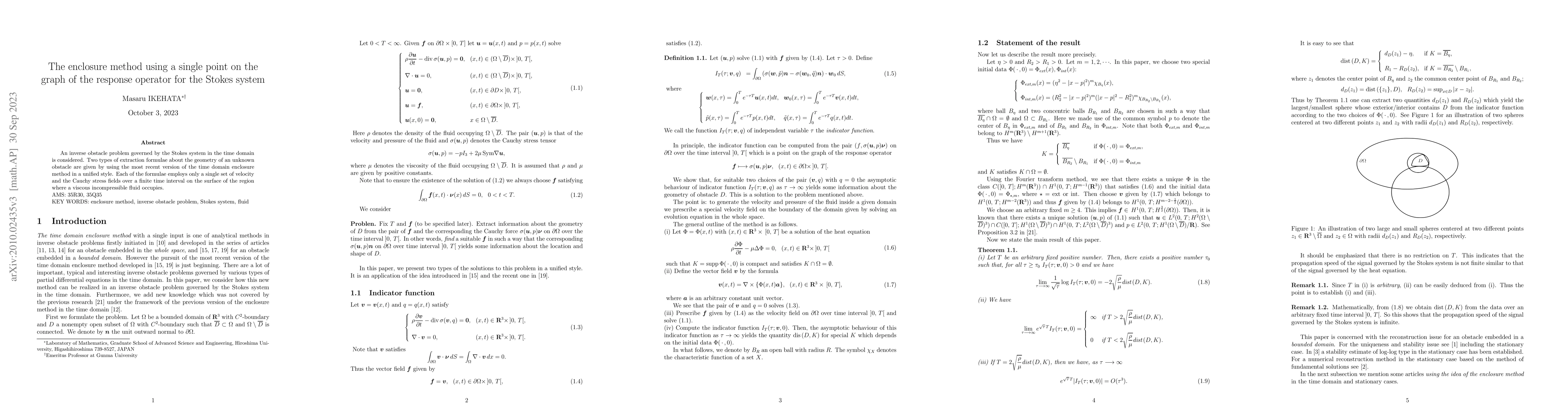 Thumbnail for The enclosure method using a single point on the graph of the response
  operator for the Stokes system