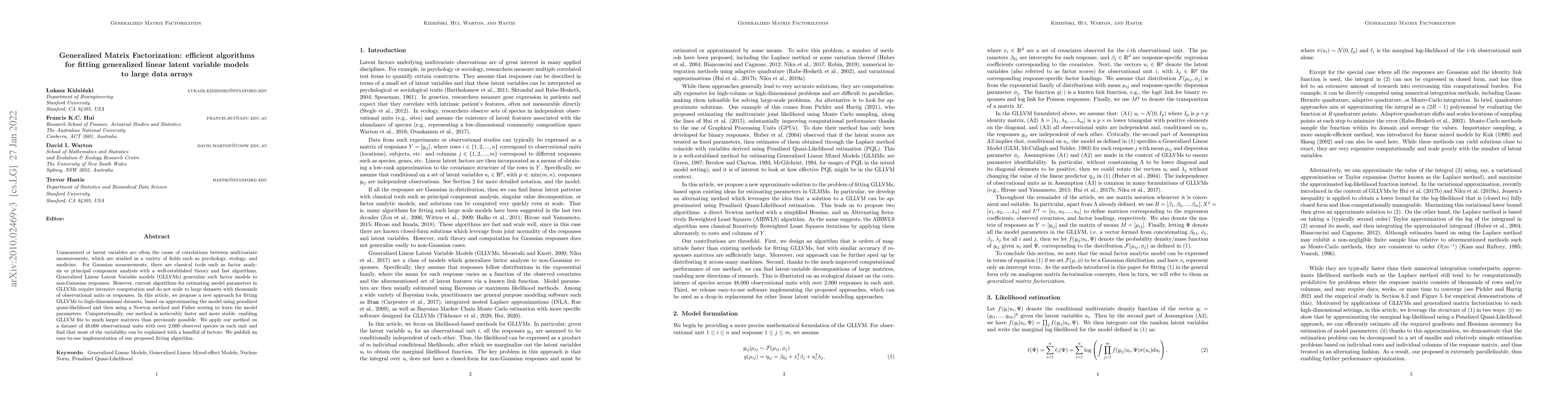 Thumbnail for Generalized Matrix Factorization: efficient algorithms for fitting
  generalized linear latent variable models to large data arrays