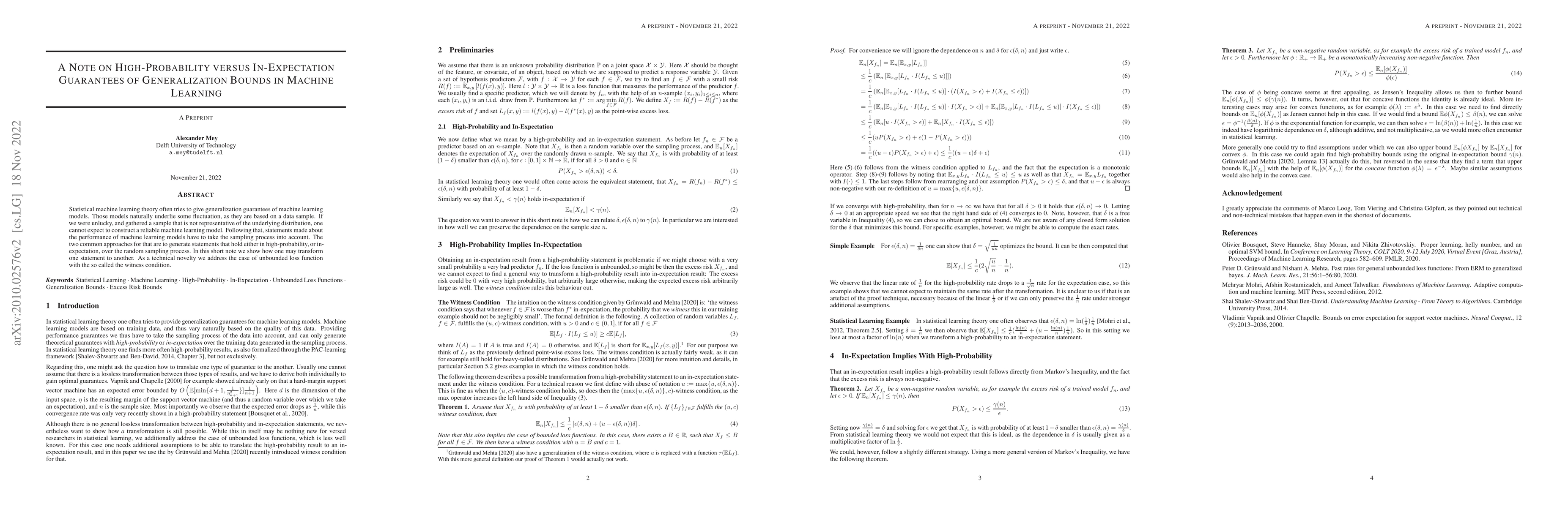 Thumbnail for A Note on High-Probability versus In-Expectation Guarantees of
  Generalization Bounds in Machine Learning